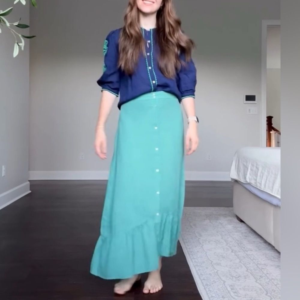 New Sonmer 100% Linen Florence Midi Skirt Green (teal) ruffle button front $168